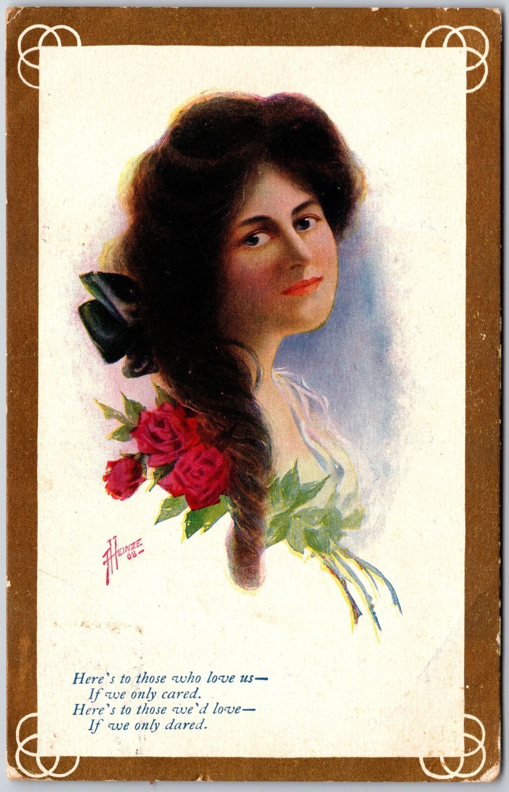 1909 Beautiful Girl Artist Signed Heinze Red Roses Posted Postcard