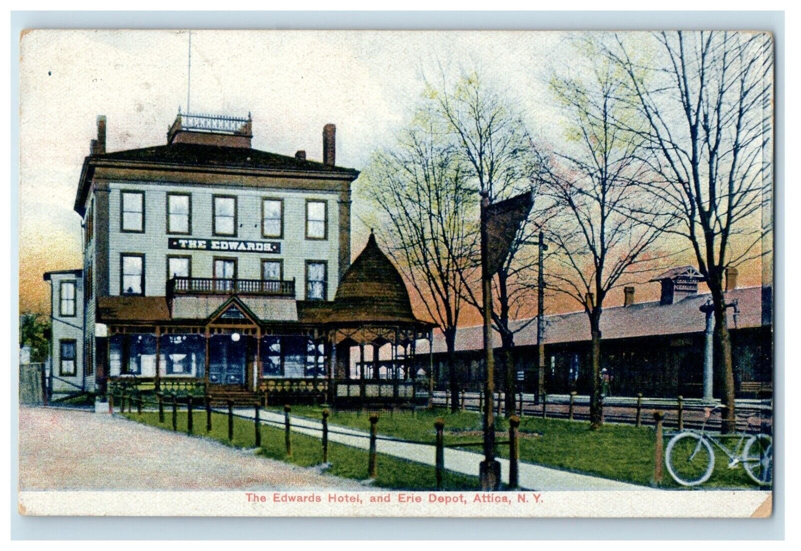 c1910\'s The Edwards Hotel And Erie Depot Attica New York NY Antique Postcard