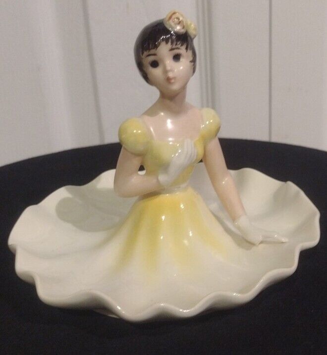 Vintage GOEBEL HULDAH Lady 706 Trinket Dish Figurine Signed Rare Yellow Dress