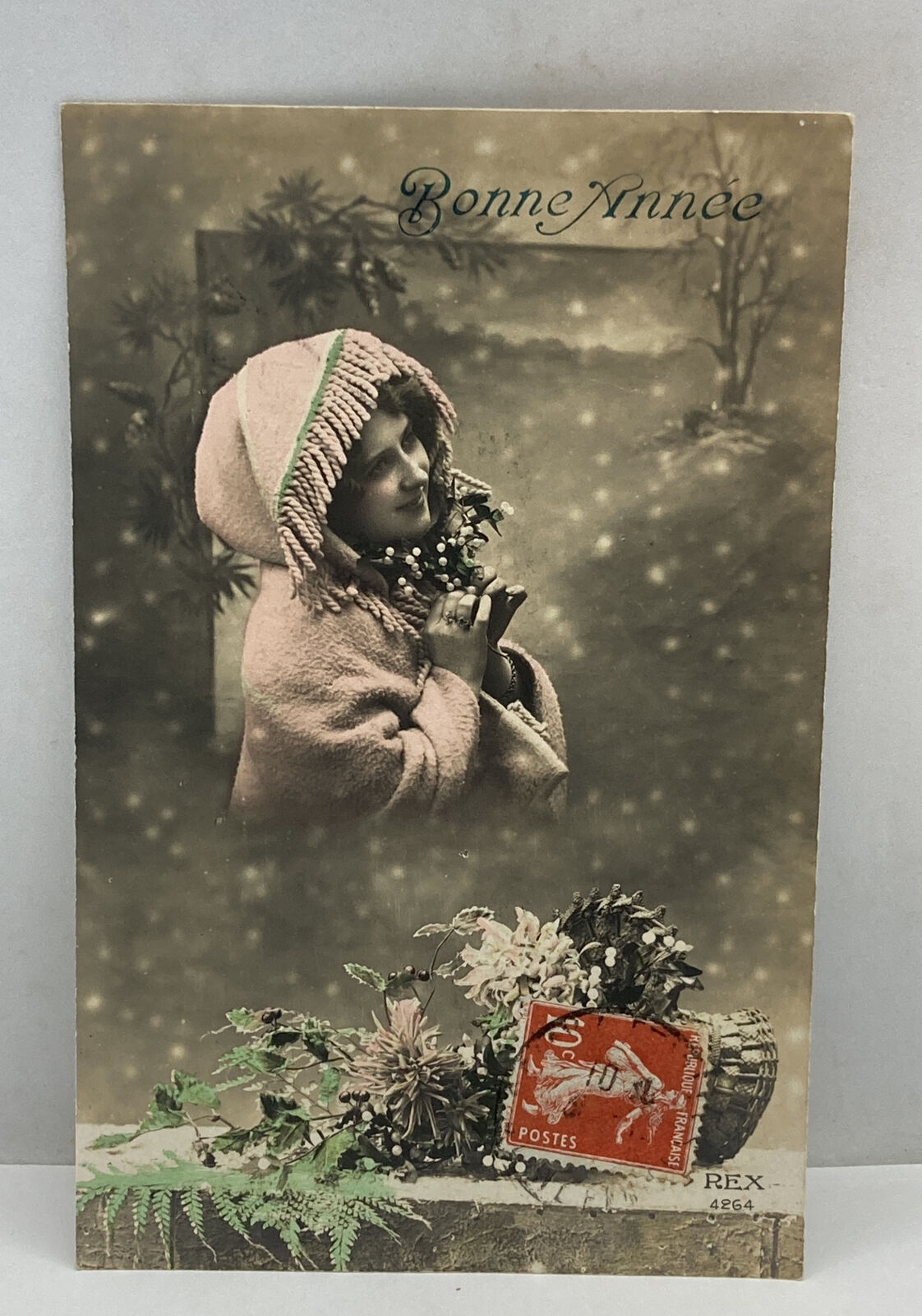 Girl Original Antique Photo Postcard / European posted Bonne Annce