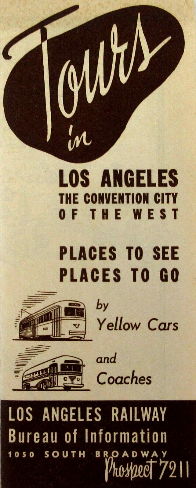 Vintage Los Angeles Railway Trolley Yellow Cars Illustrated Map Travel Brochure