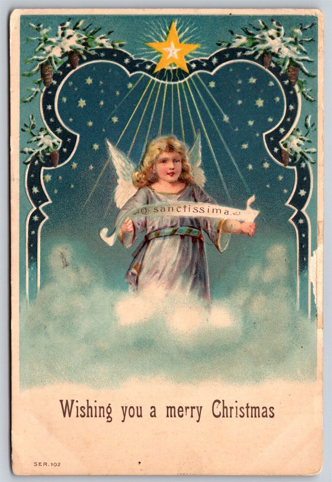 Postcard Wishing You a Merry Christmas Angel Star embossed (tape) J33