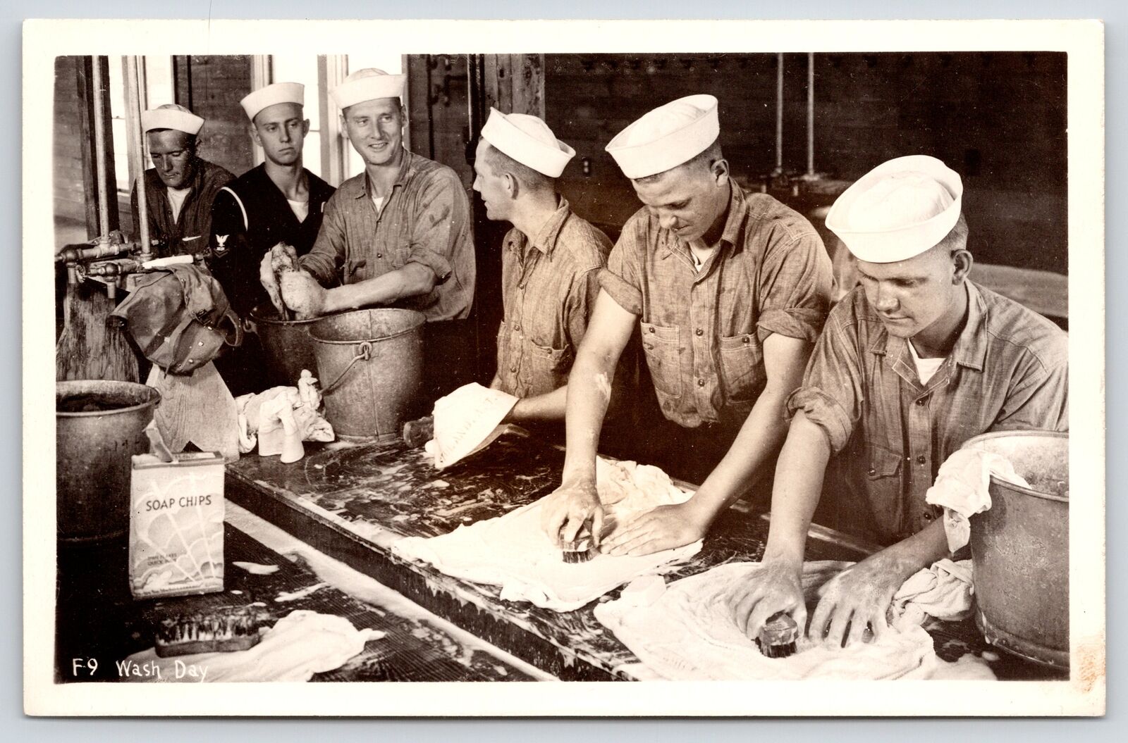 Military~WWII US Navy Sailors Use Soap Chips on Wash Day~Laundry~1940s RPPC