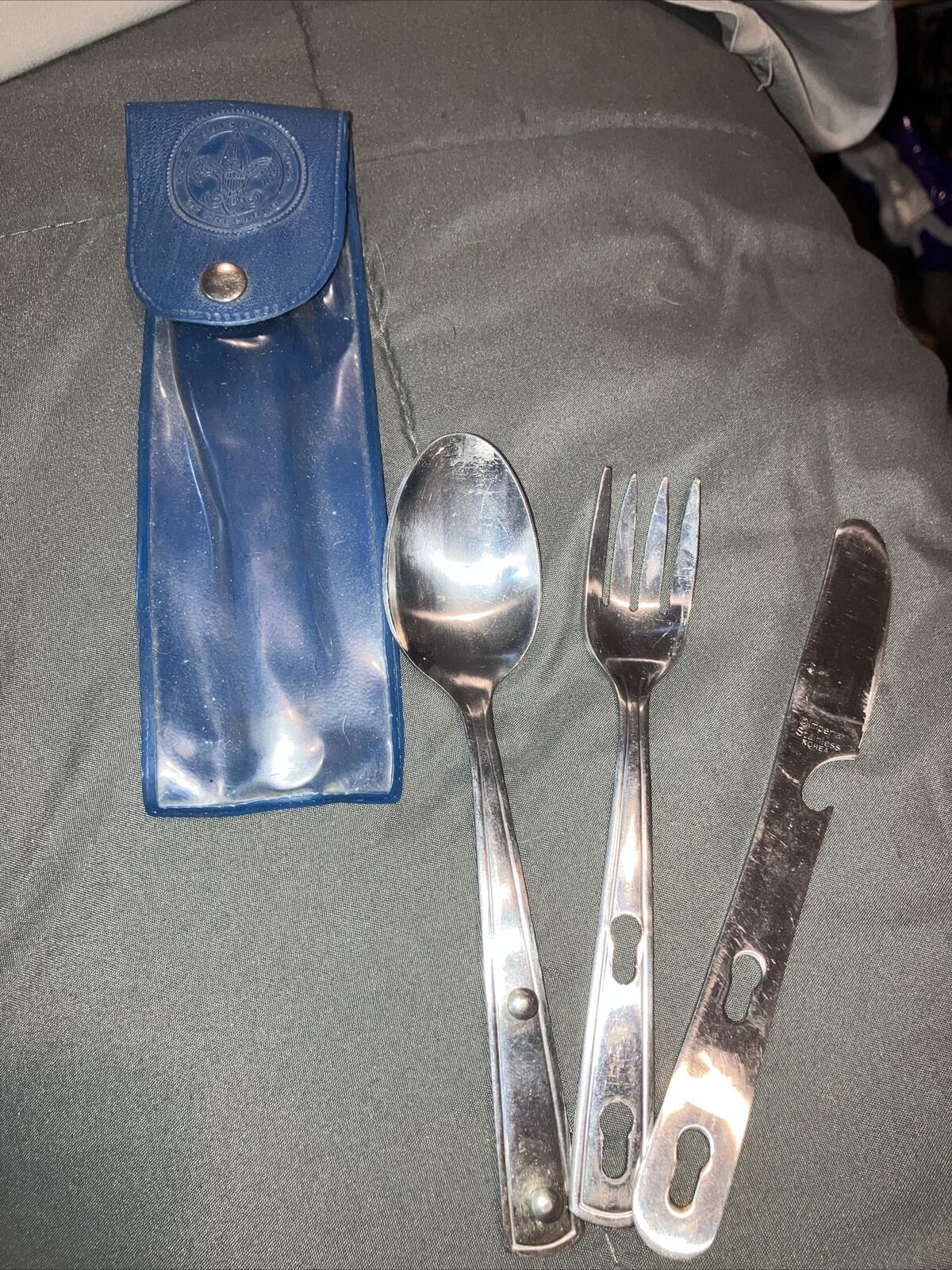 Vintage Boy Scouts BSA Utensils Silverware Knife Fork Spoon Mess Kit w/Case Name