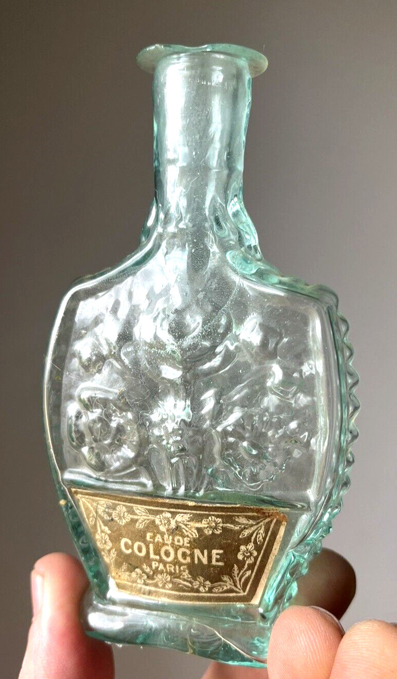 NICE EARLY LABELED COLOGNE BOTTLE W/FLOWERS & RIBS OPEN PONTIL 1840\'S ERA L@@K