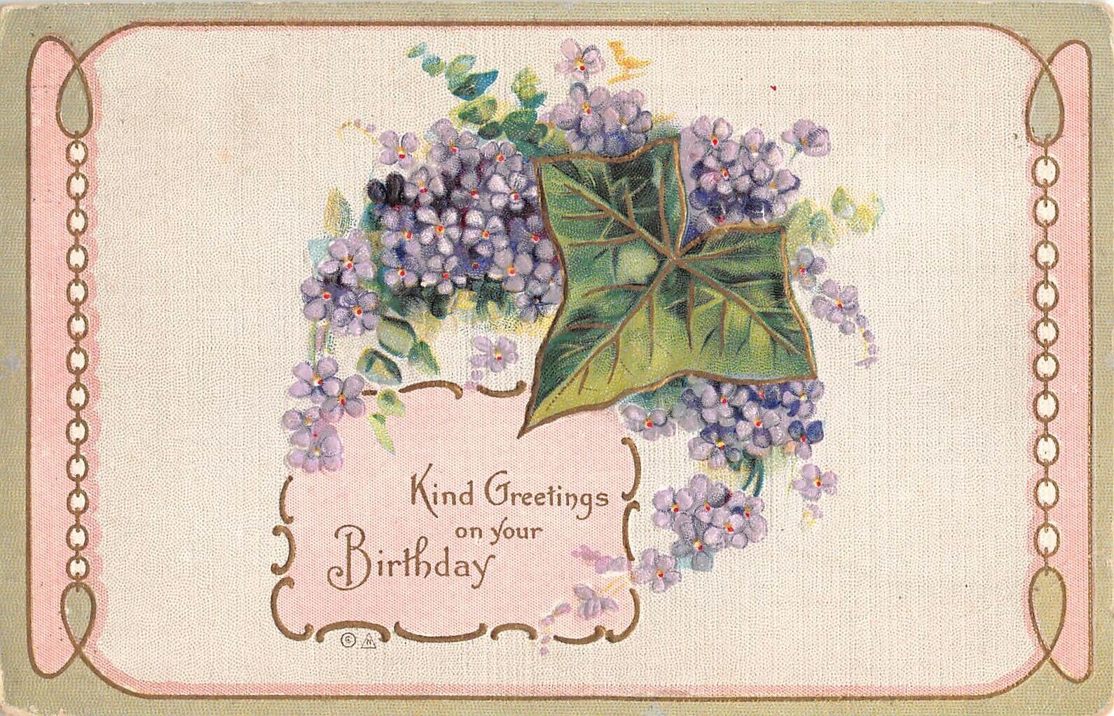 1912 Birthday Postcard of an Ivy Leaf With Lovely Violets