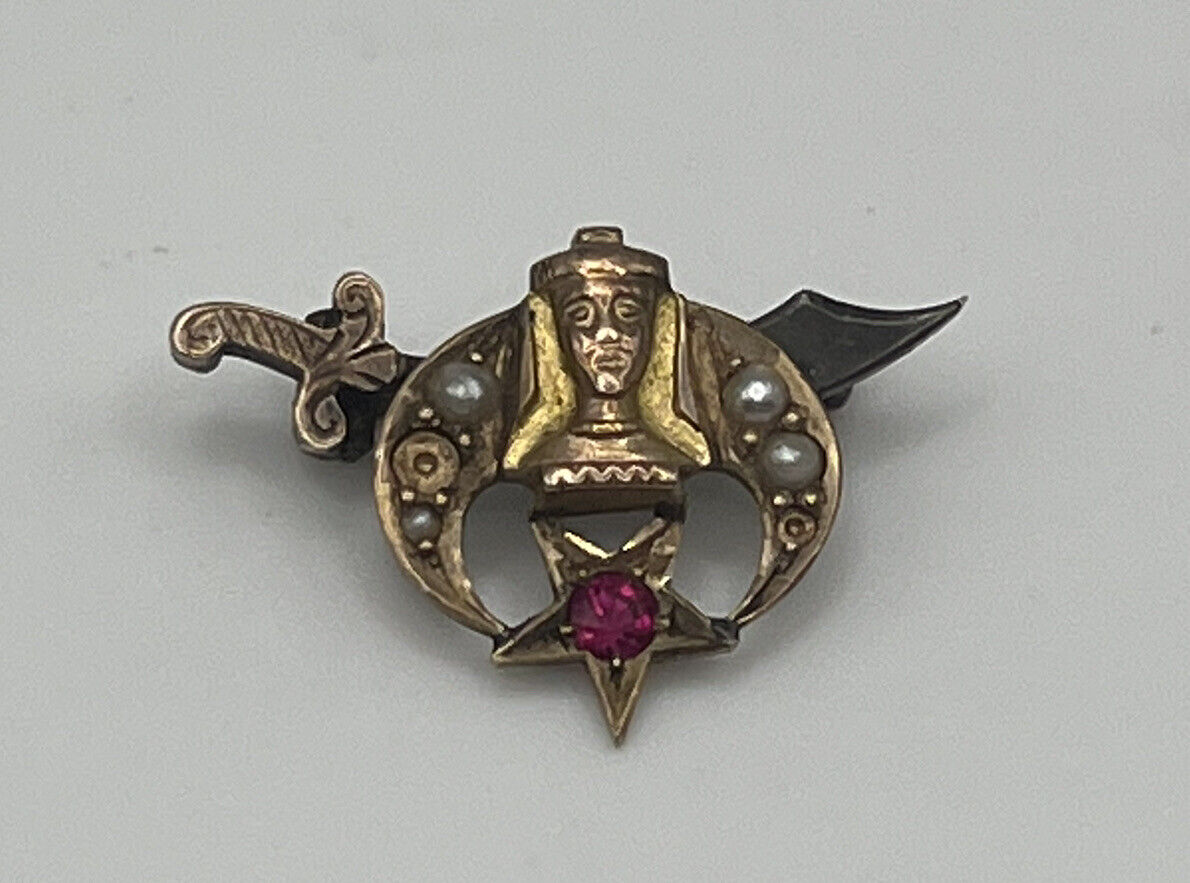 Antique Victorian 10k Yellow Gold Masonic Sword Ruby Seed Pearl Pin 1.7g