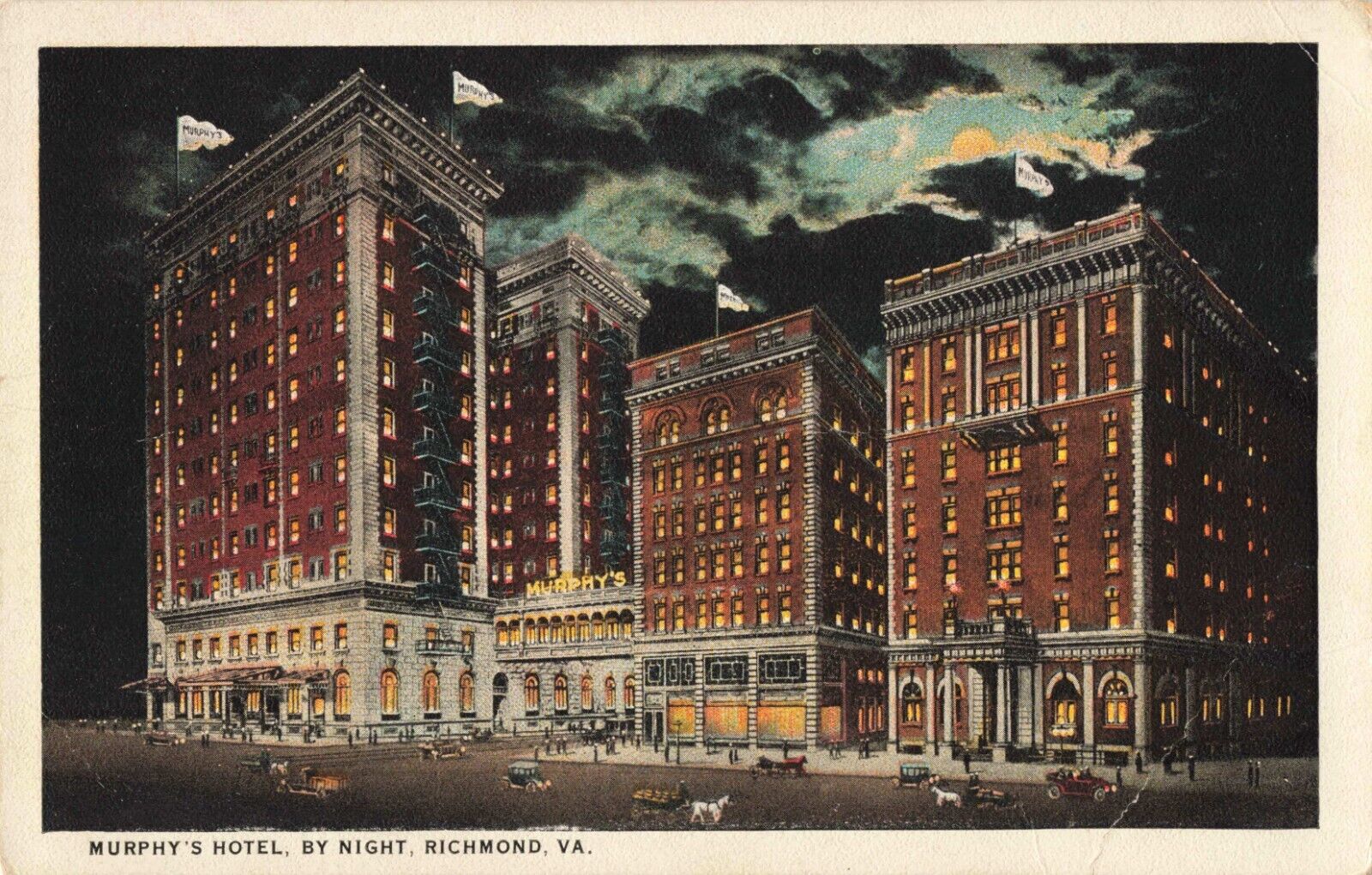 Murphy's Hotel by Night Richmond Virginia VA c1930 Postcard