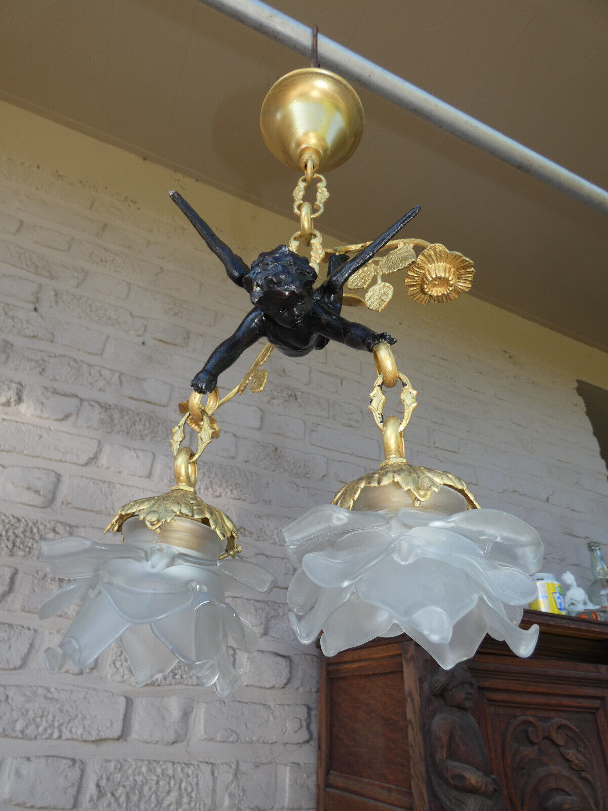 Stunning French bronze putti cherbub floral chandelier lamp rare