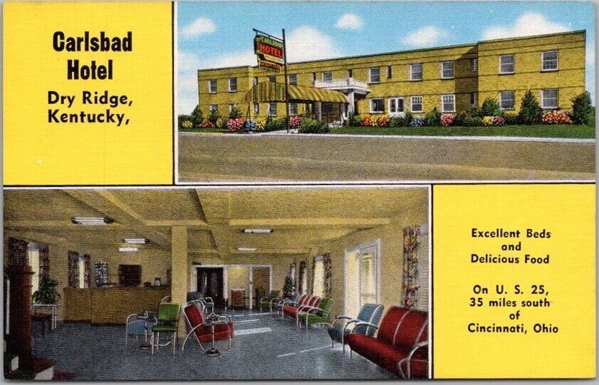 1940s DRY RIDGE, Kentucky Postcard CARLSBAD HOTEL Roadside / Kropp Linen Unused