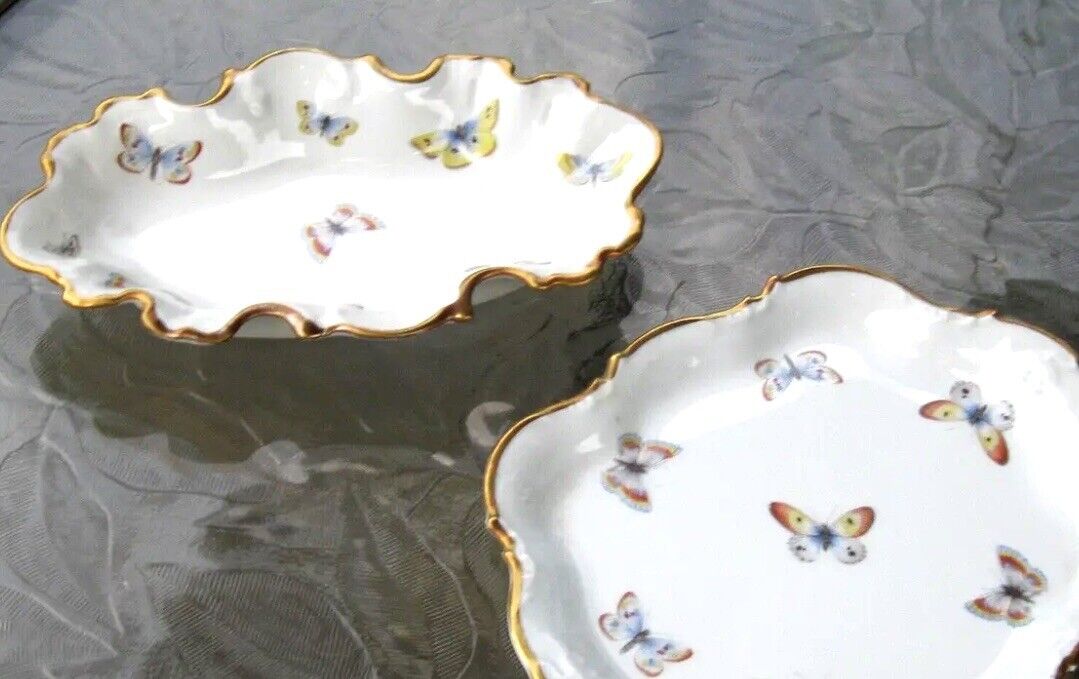 2 Large Vintage Limoges France  9X7” & 9X5.5” Butterfly Vanity Gold Trim Trays