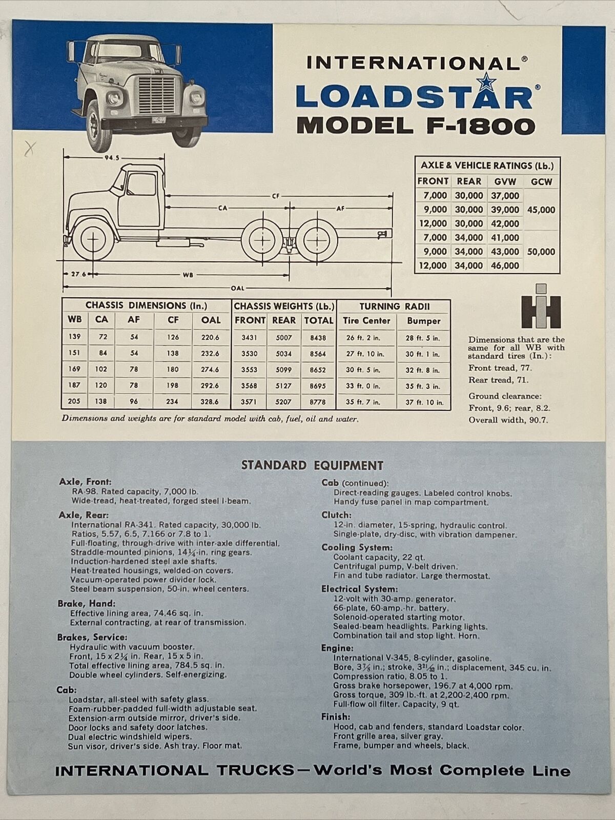 1961 INTERNATIONAL HARVESTER LOADSTAR MODEL F-1800 Sales Brochure Specifications