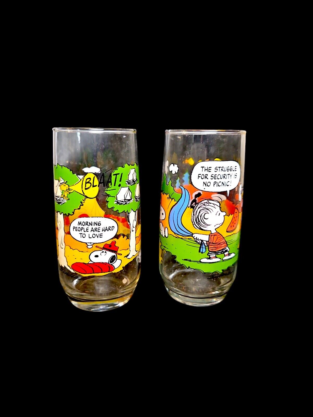 McDonald\'s Camp Snoopy Glass Tumblers~Set /2~Peanuts~Cartoon Water Glasses~Kids