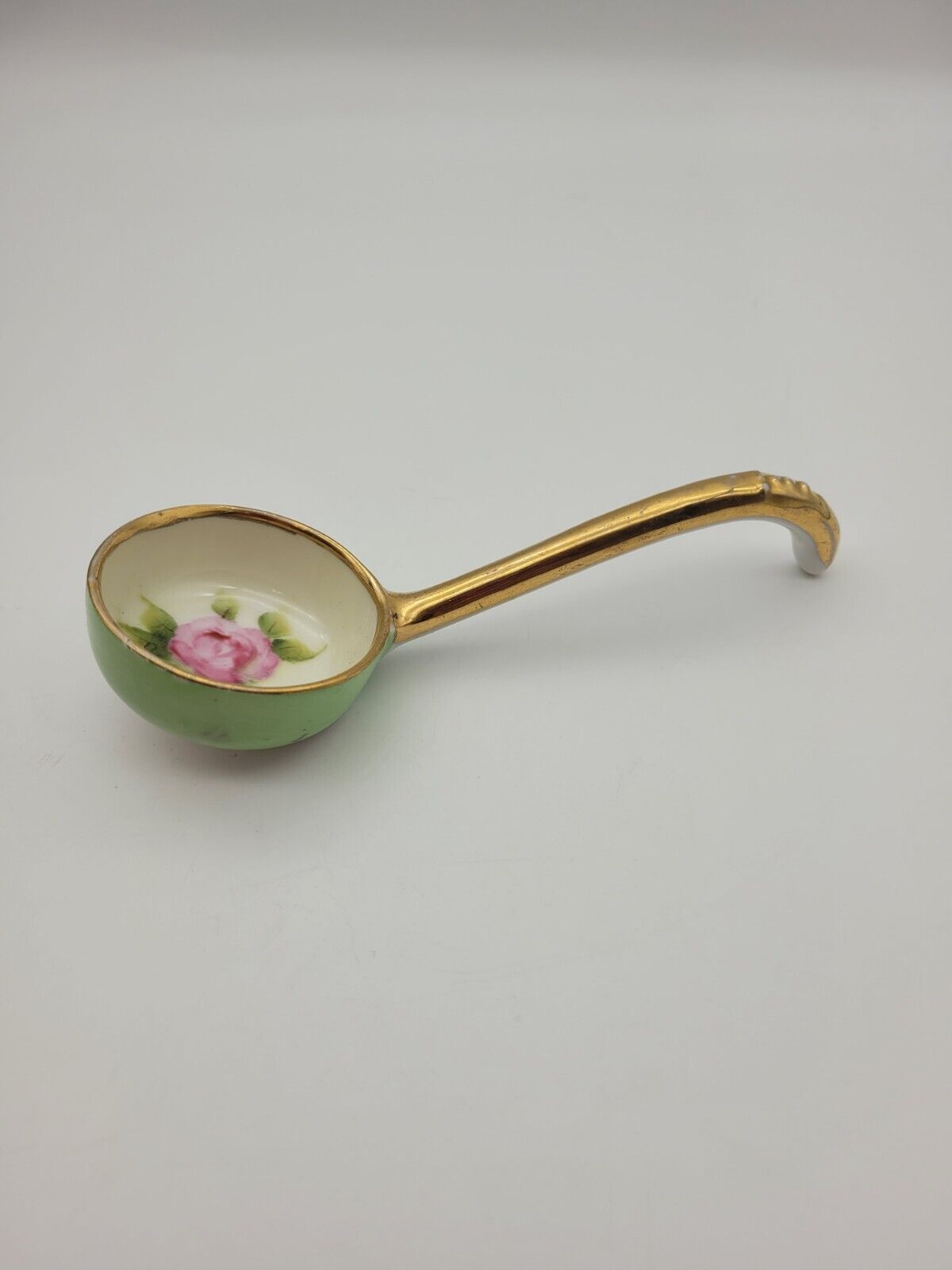 Vintage Noritake Hand Painted Pink Floral Condiment Ladle Spoon Green Gold Trim 