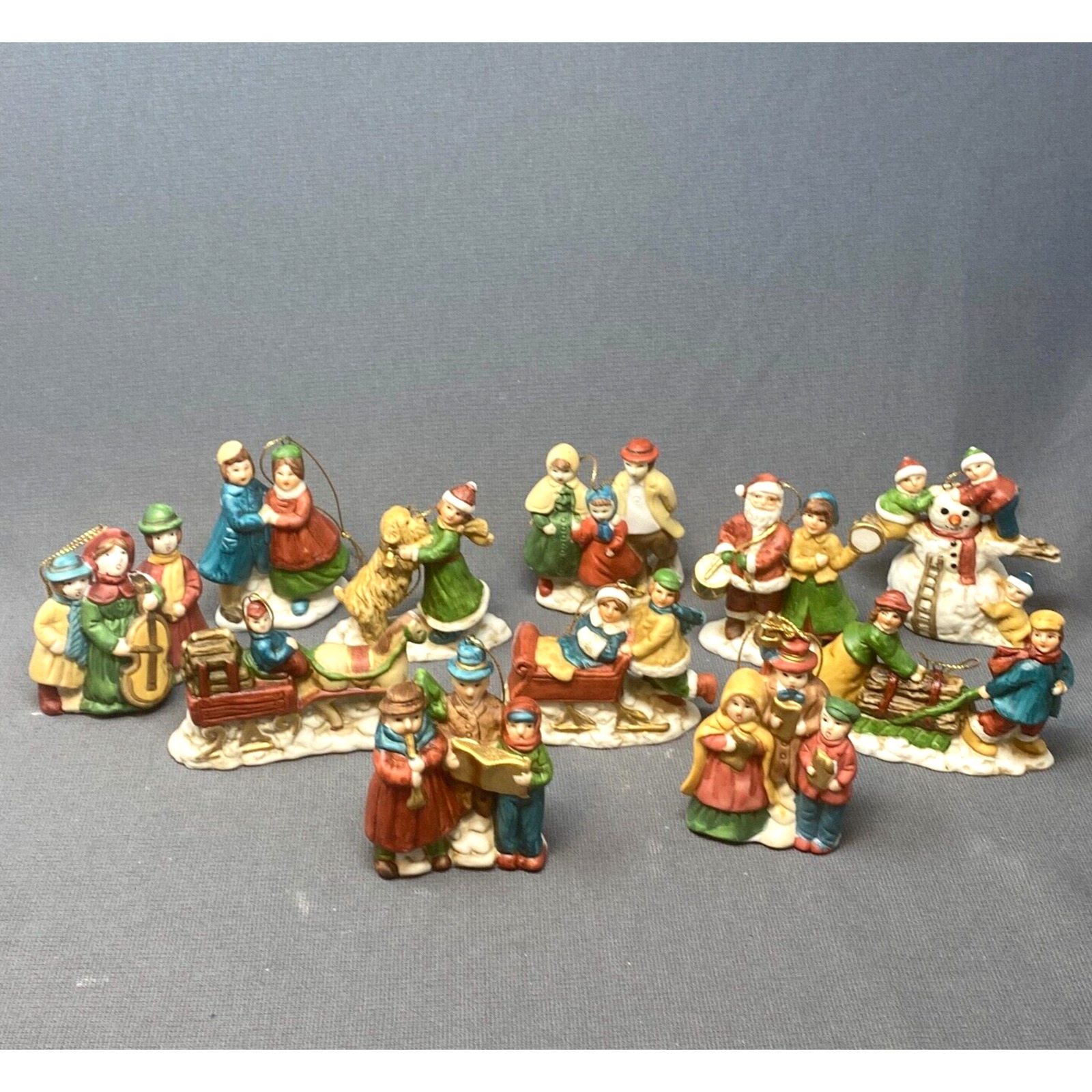VTG Christmas Ornaments 11 Piece Porcelain Set Carolers Family Sleigh Retro 1988