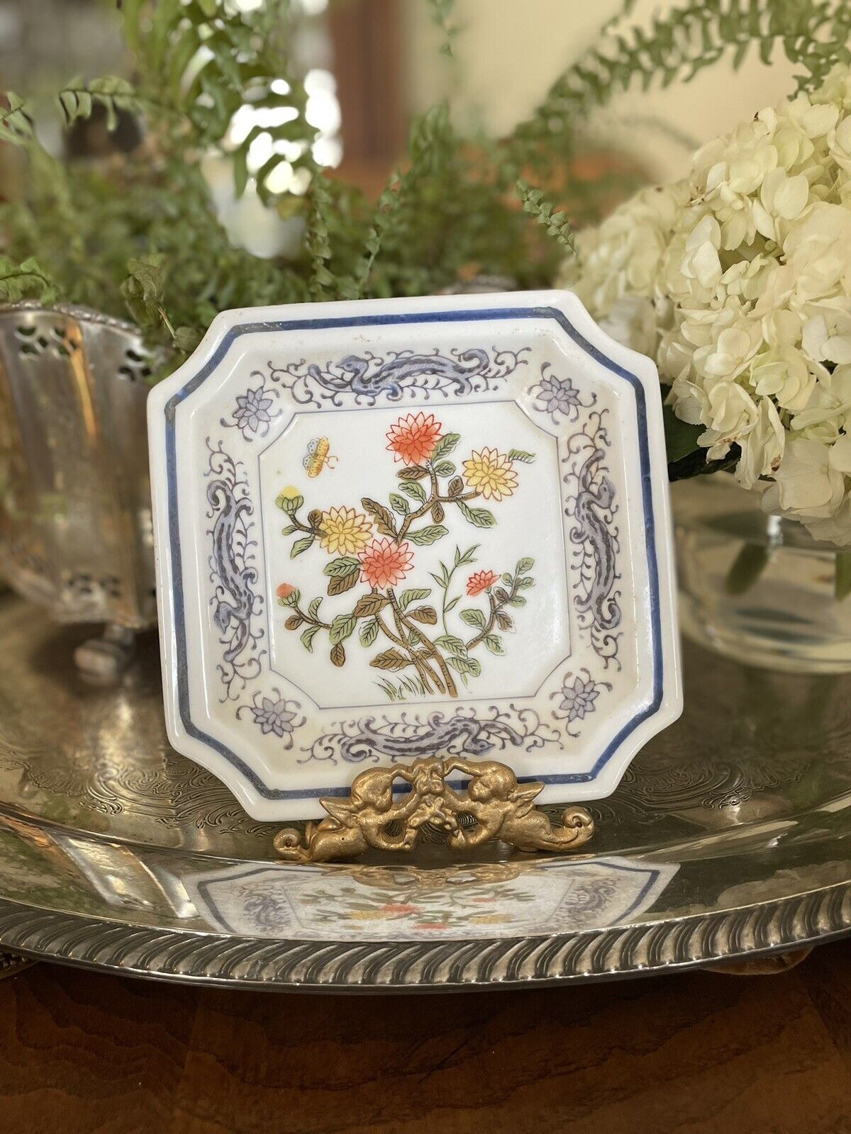 Vintage Andrea By Sadek Handpainted Octagonal Plate, Ring Dish Butterfly Flowers