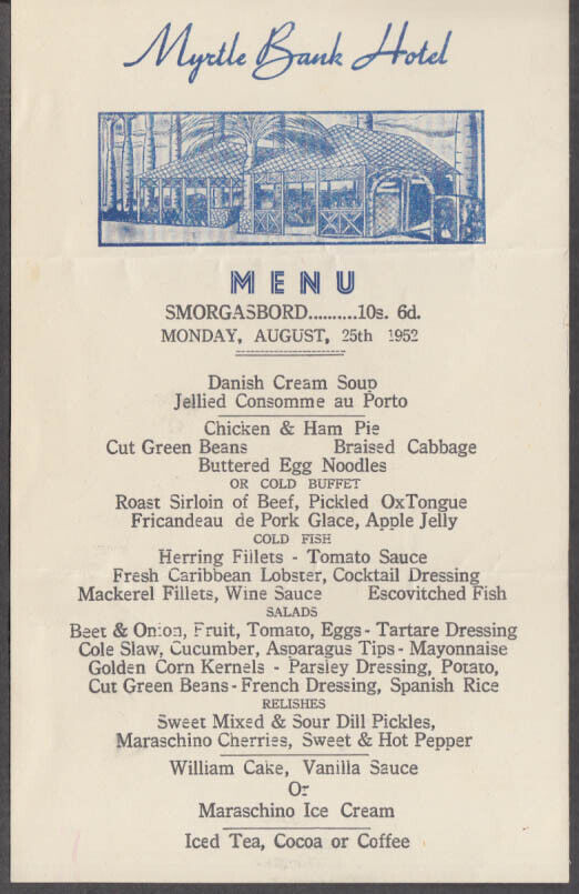 Myrtle Bank Hotel Menu Jamaica 8/25 1952