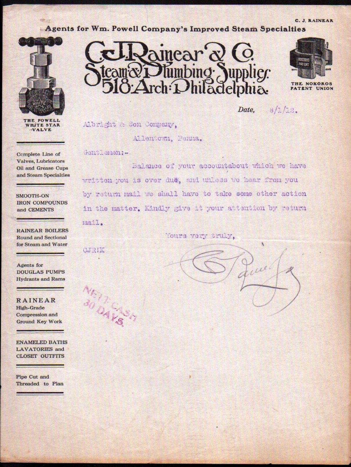 1912 Steam & Plumbing Supplies - C J Rainear - Philadelphia - Letter Head Bill
