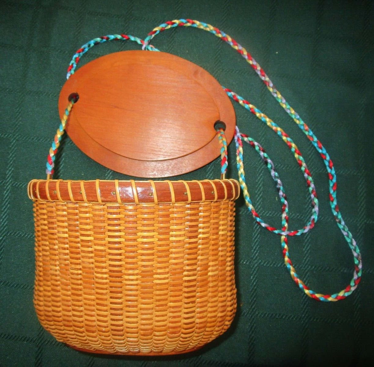Nantucket Style Handwoven Oval Basket Purse Wood Lid Xbody Strap Initials VTG EC
