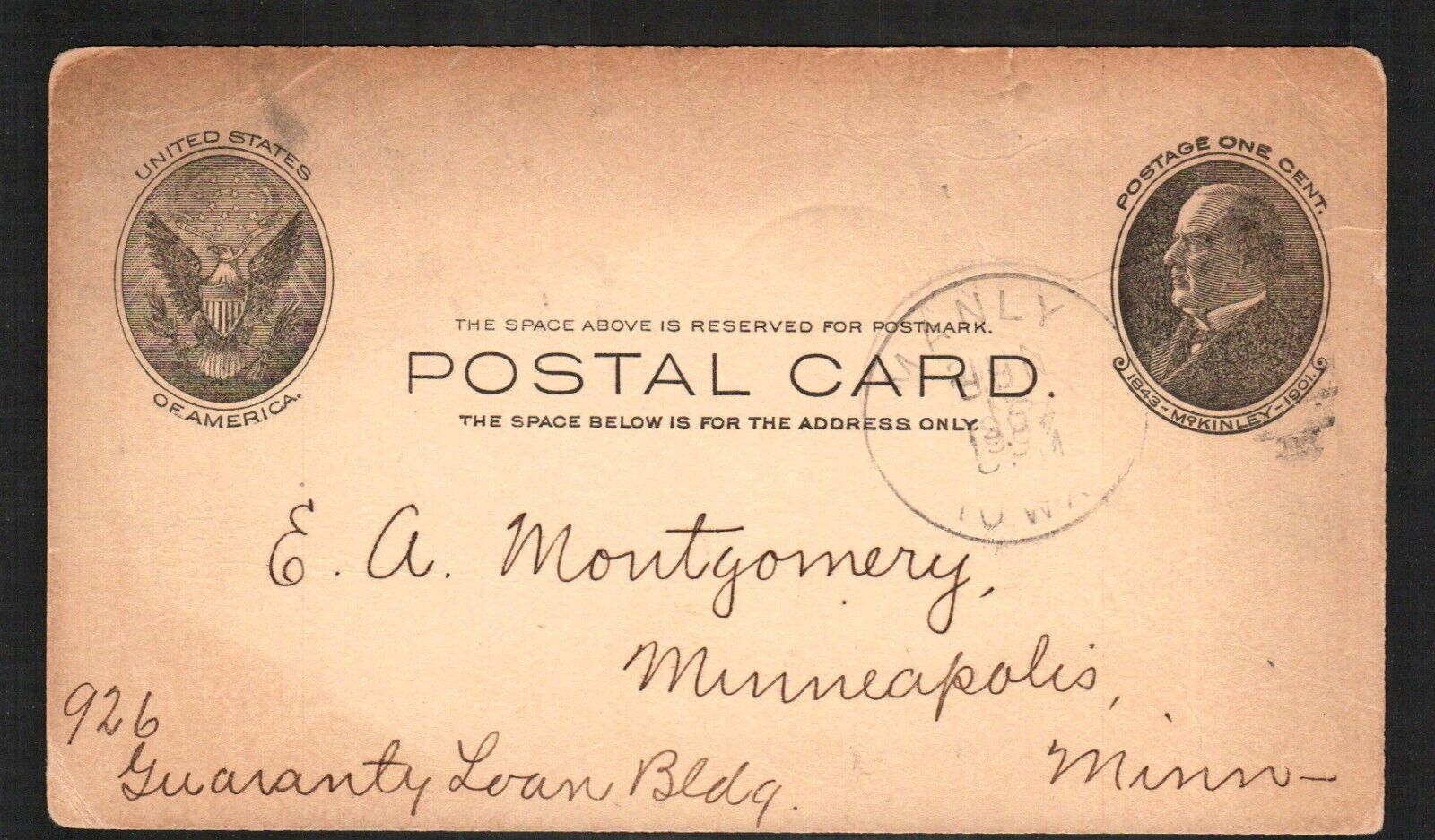 Old Postcard Postal Card McKinley Postage 1907 Manly Iowa Cancel