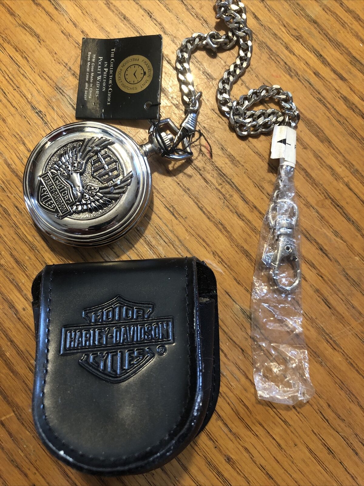 Harley Davidson Franklin Mint Pocket Watch, Chain and Case - Wings Flame Eagle 