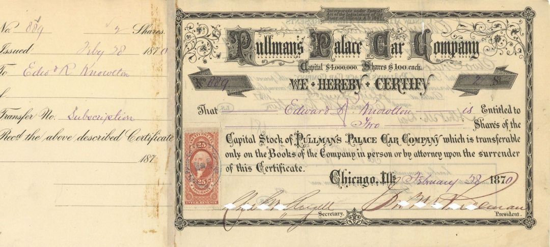 Pullman's Palace Car Co. Signed by George M. Pullman - Stock Certificate - Autog