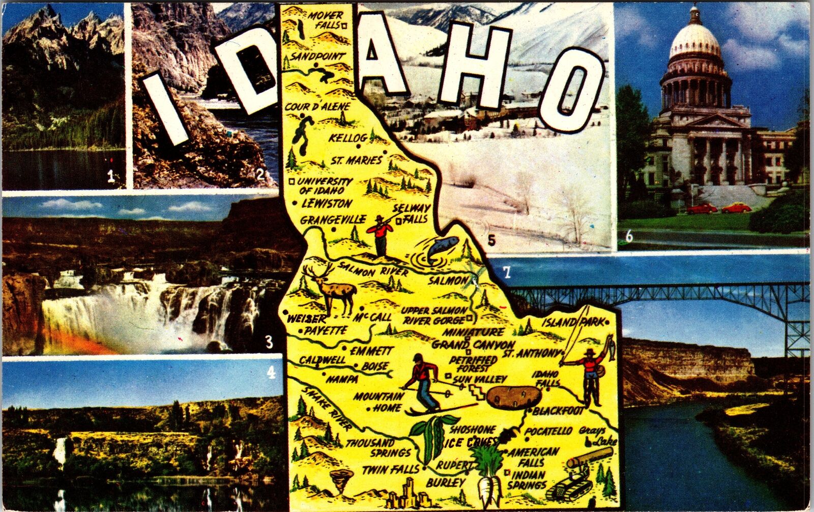 ID-Idaho, Scenic Map View, Landmarks View, Vintage Postcard