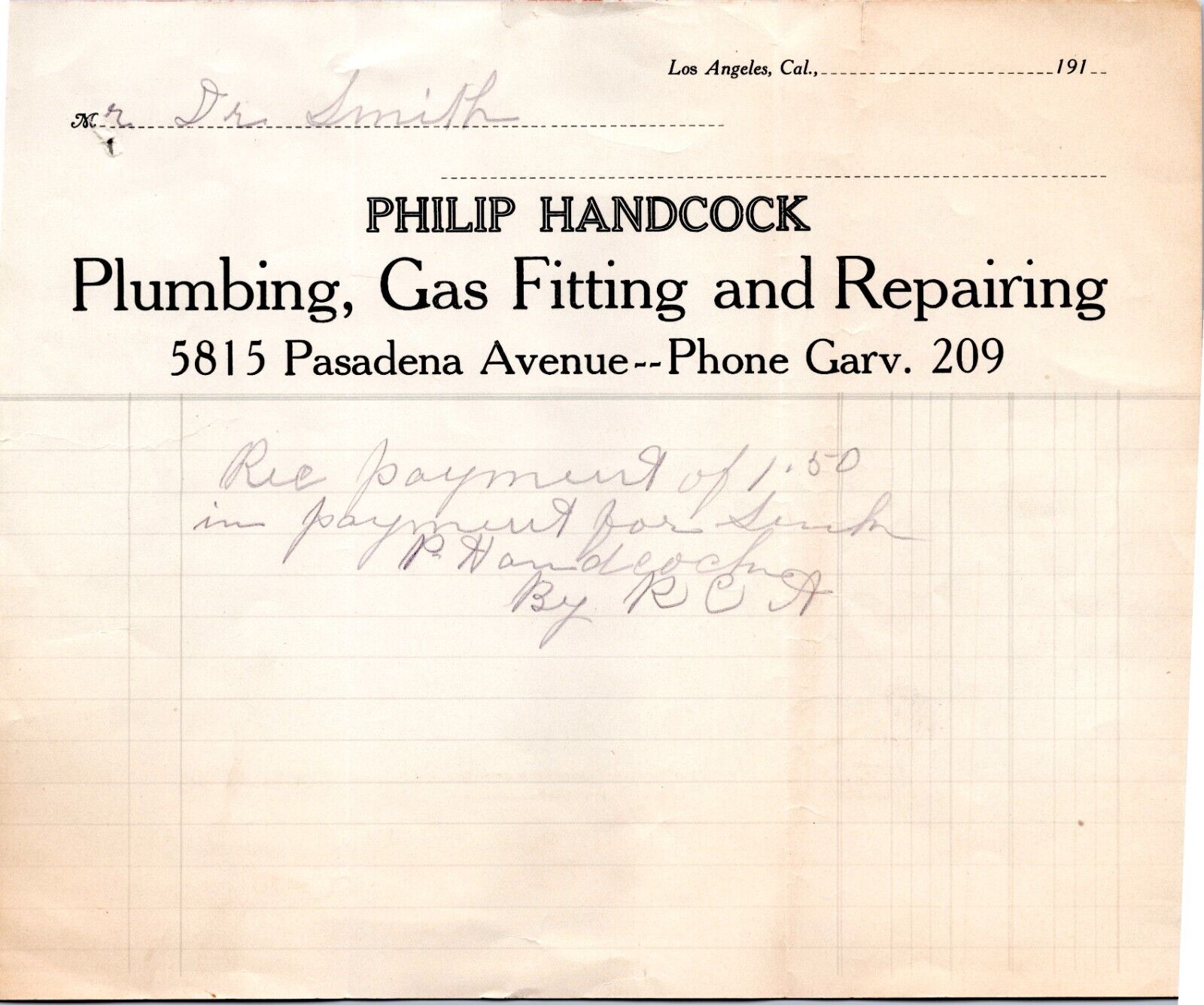 c1910s Billhead - Philip Handcock, Plumbing Gas Fitting and Repairs, Los Angeles