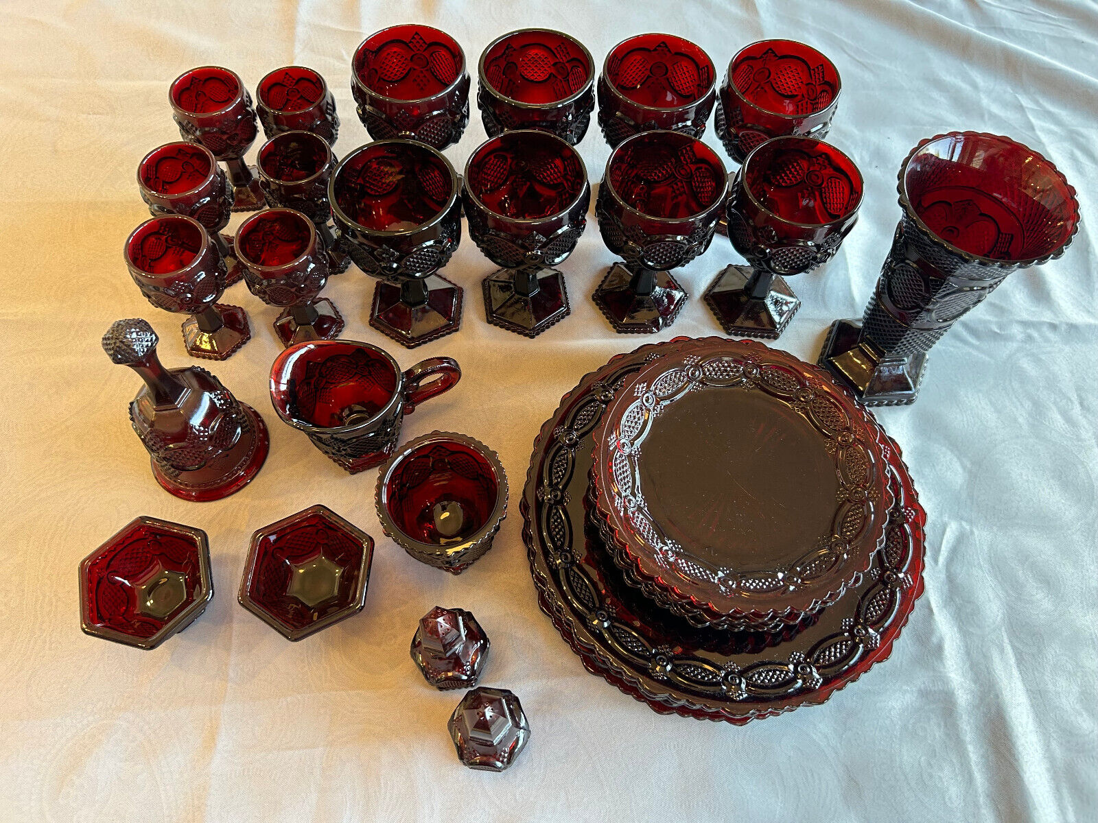 Avon Dish Set, vintage, red glass, 34 pieces, excellent condition