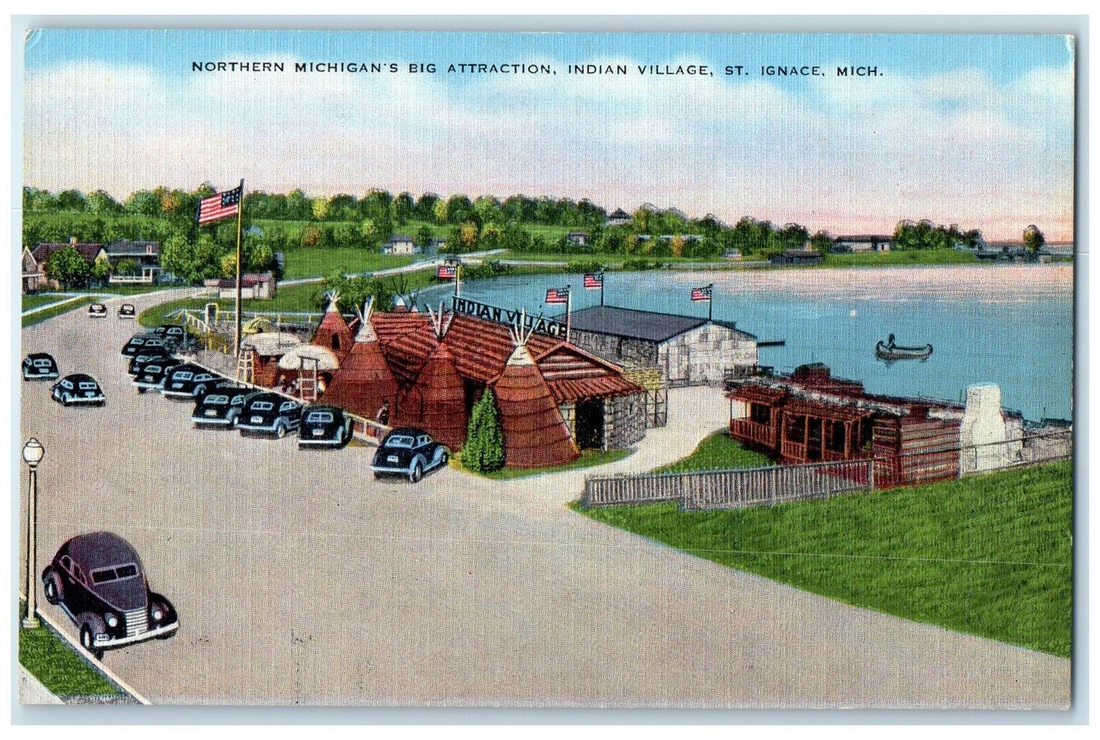 c1940 Northern Michigan\'s Attraction Indian Village St. Ignace Michigan Postcard