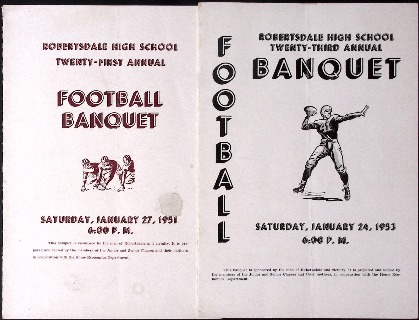 1951 1953 Robertsdale High School 21st & 23rd Annual Football Banquest Programs