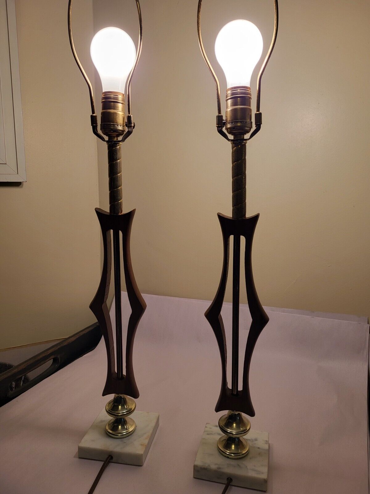 MCM 29 Inch Metal, Wood Marble Table Lamps Unmarked