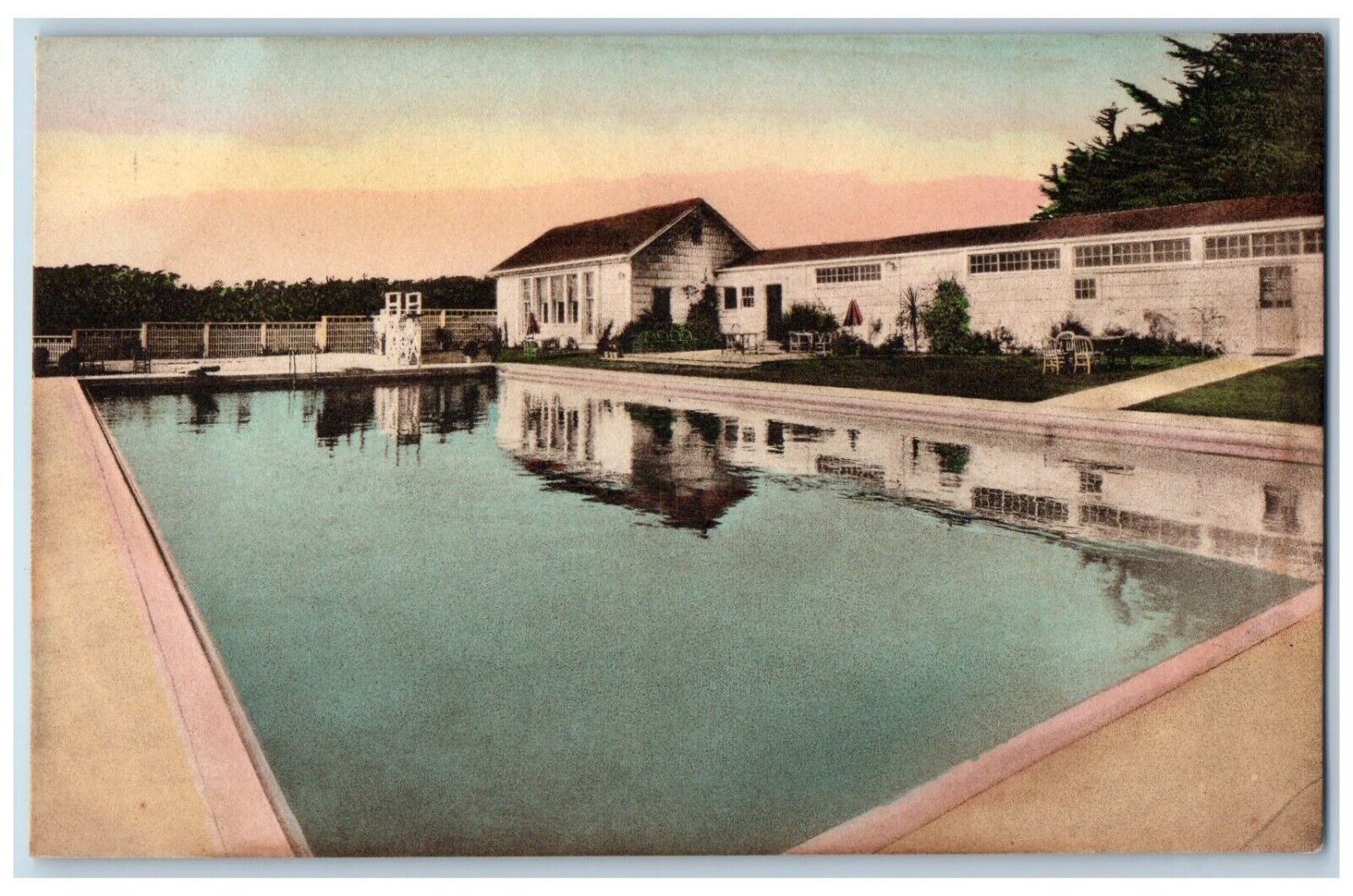Del Monte California Postcard Swimming Pool Building Exterior c1940 Hand-Colored