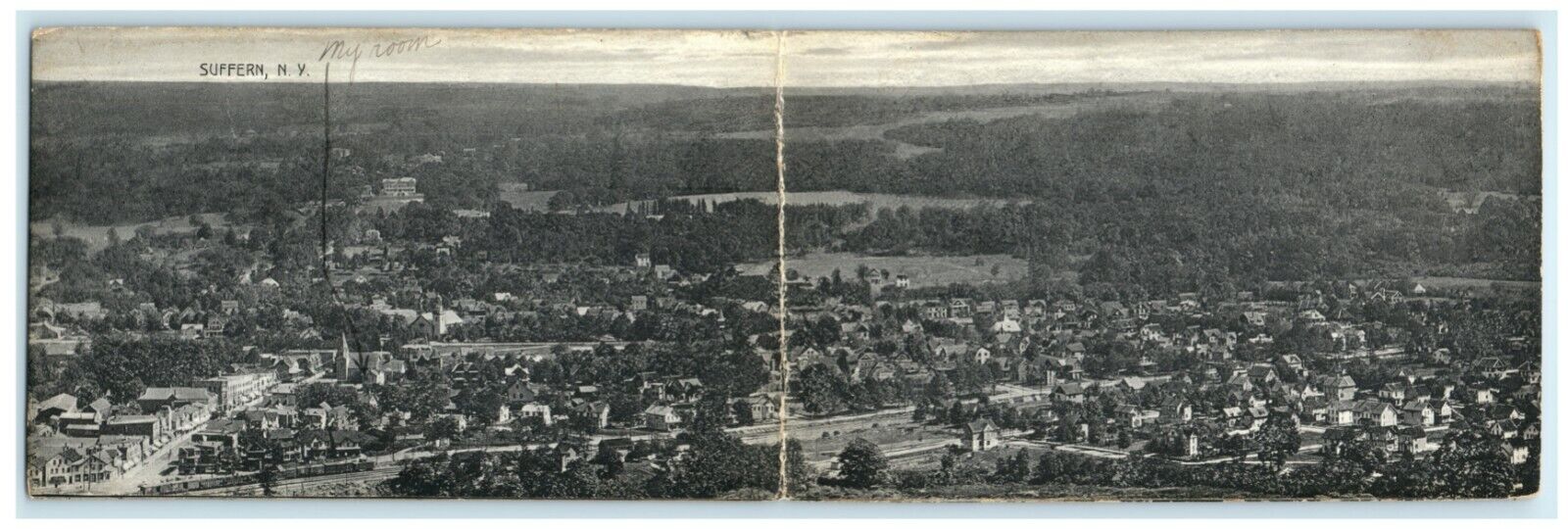 1913 Two Panel Panoramic Bird\'s Eye View Suffern New York NY Posted Postcard