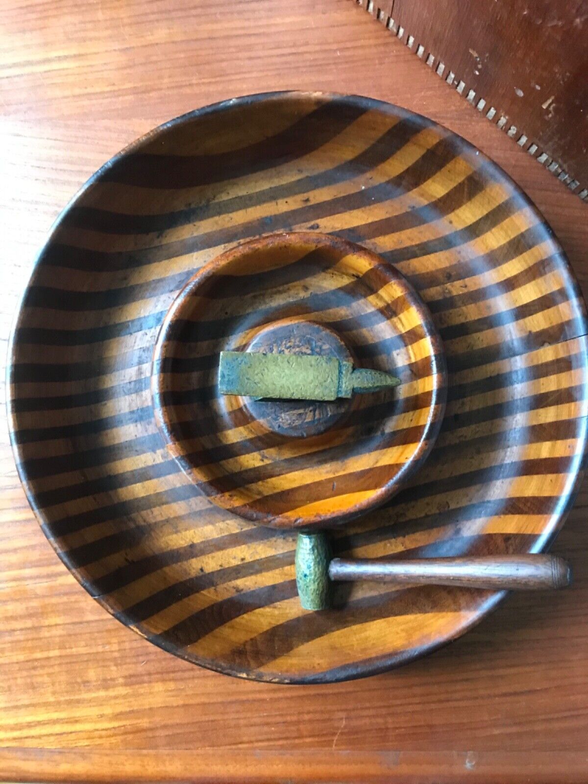 Vintage Wooden Striped Nut Bowl ~ Hammer & Anvil Nut Breaker in Center