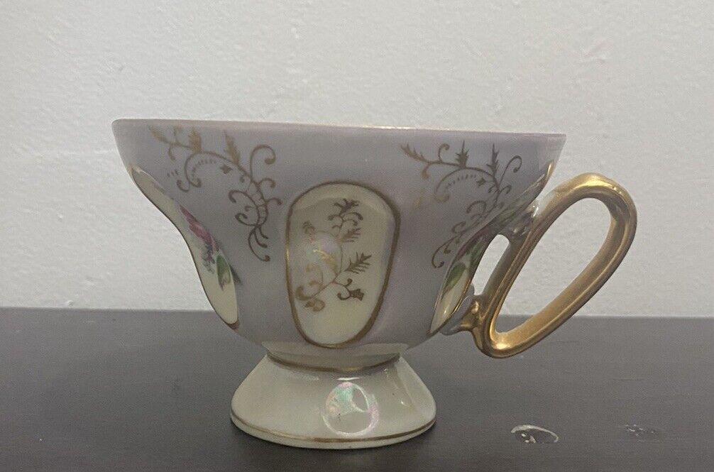 Vintage Made In Japan Floral Iridescent Luster Tea Cup With Roses Gold Trim