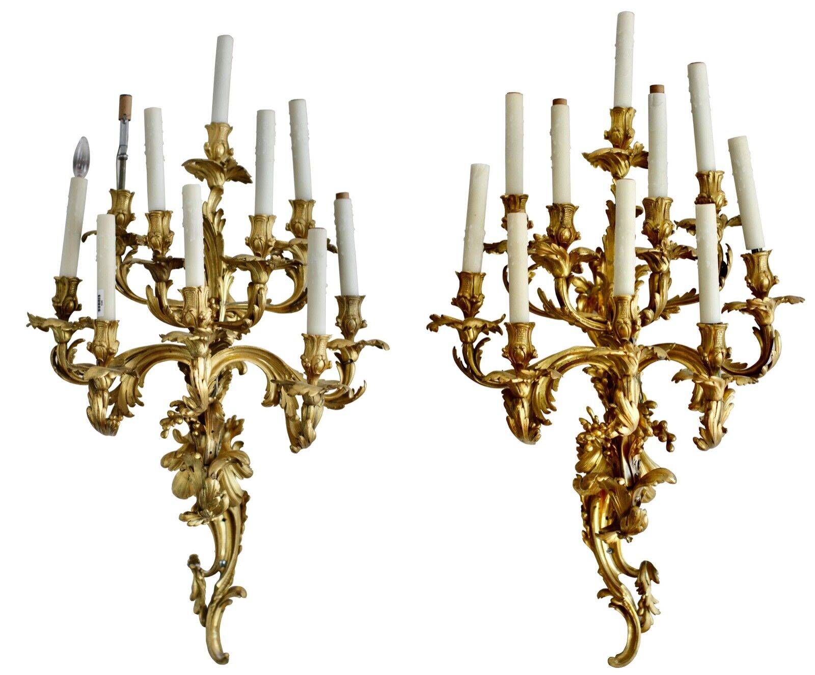 A Pair of Large Louis XV Style Ormolu Ten-Light Wall Appliques,  19th Century