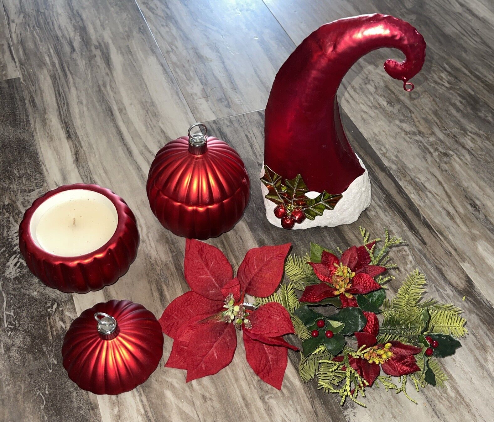 Christmas Decorations Lot 2 Porcelain Ornament Candles & Metal Santa Hat