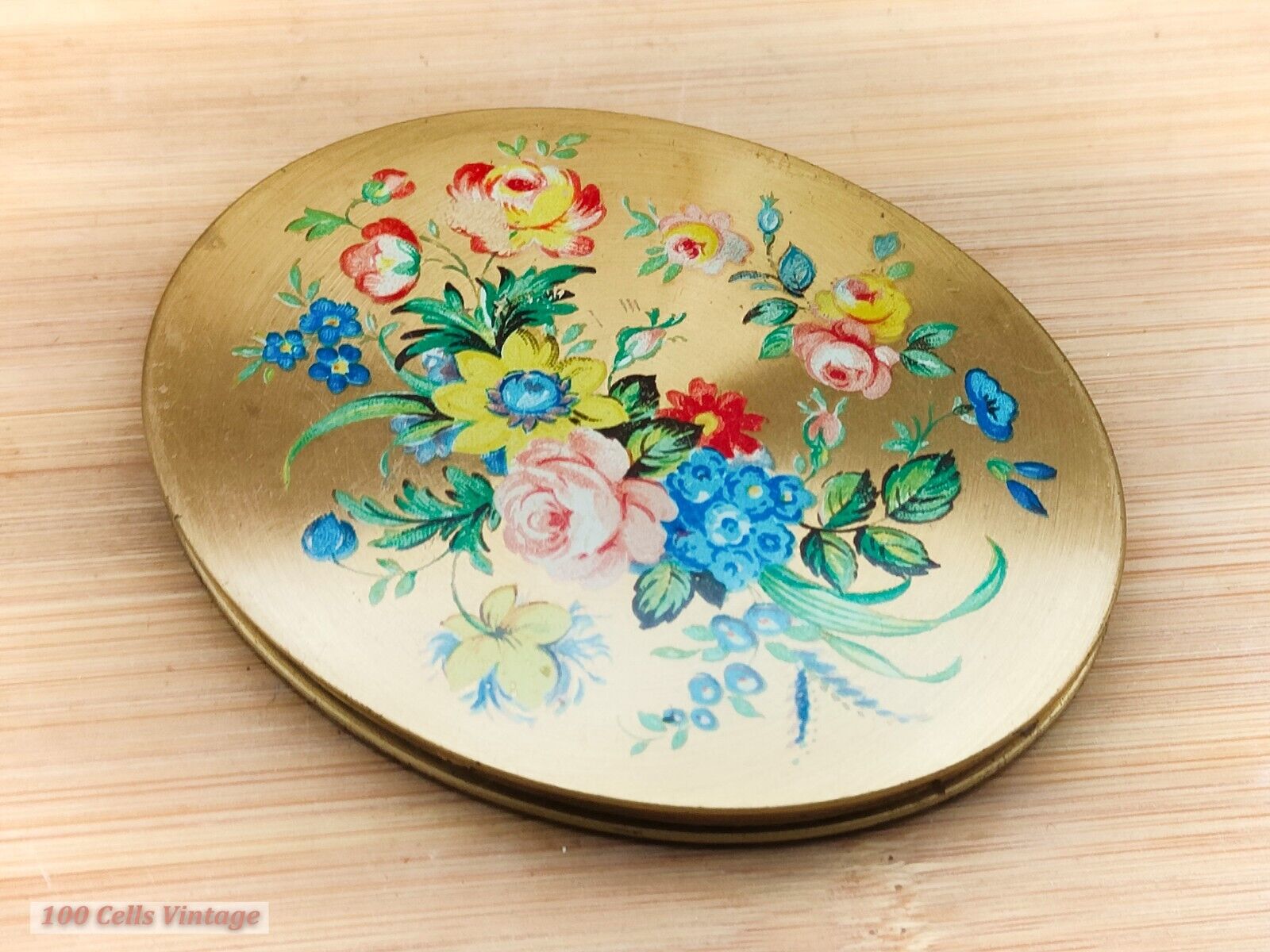 Oval Gold Colourful Floral-Vintage Ladies Powder Compact -0bl