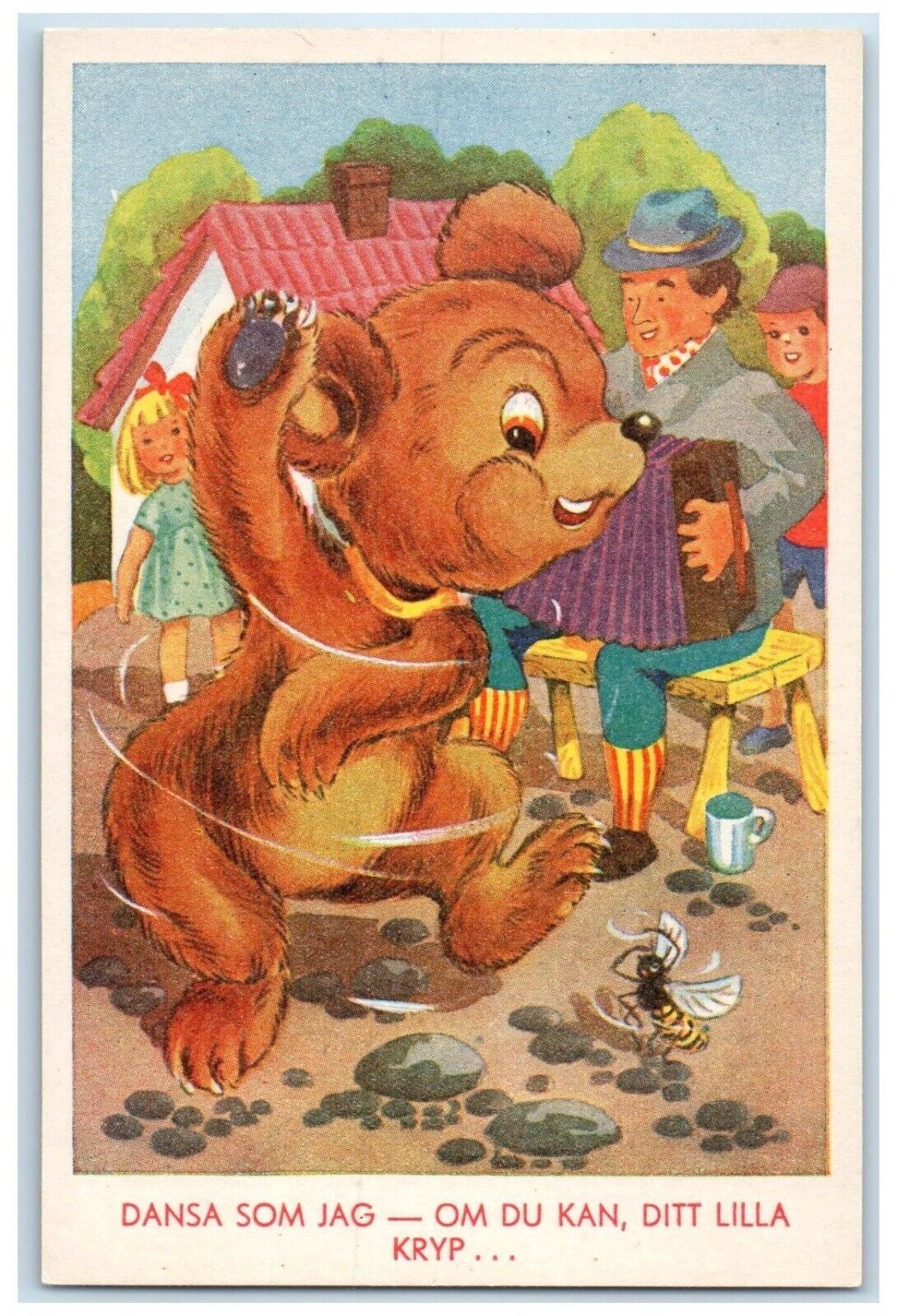 c1910\'s Brown Bear Dancing Bee Accordion Sweden Unposted Antique Postcard