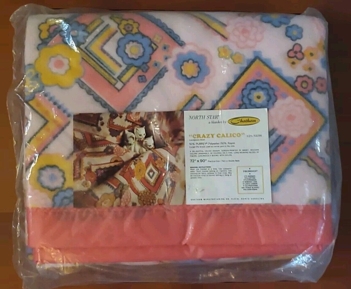 NEW Vtg 70\'s Chatham “Crazy Calico” Floral  Blanket 72x90 Twin/Double Groovy 