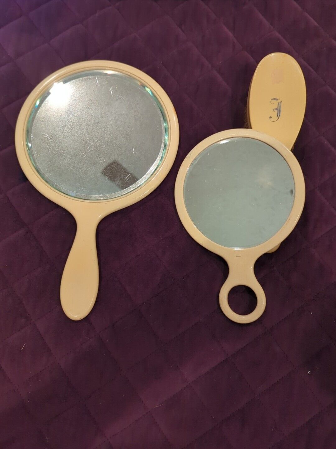 Hand Mirrors-French Ivory Celluloid Hand Mirrors And Vintage Hairbrush 