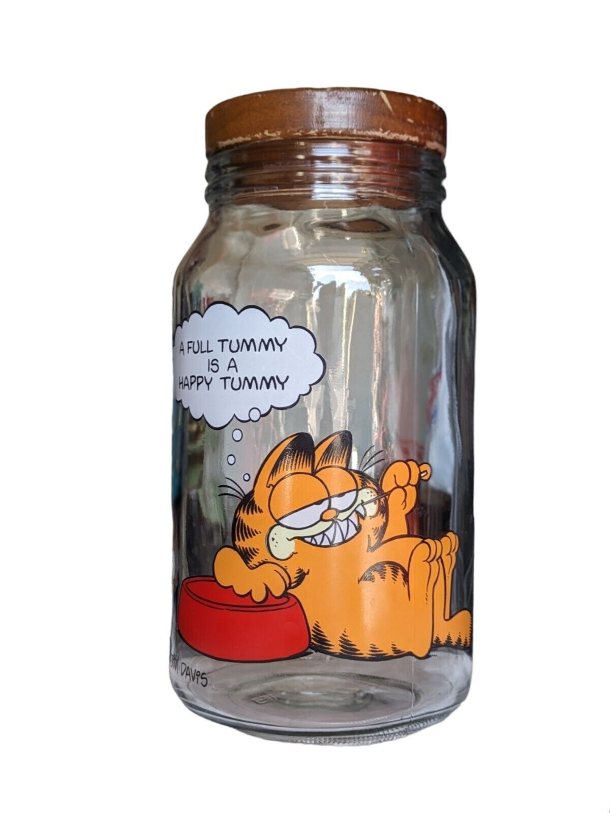1978 Garfield Anchor Hocking Glass Canister with Lid Full Tummy Happy Tummy