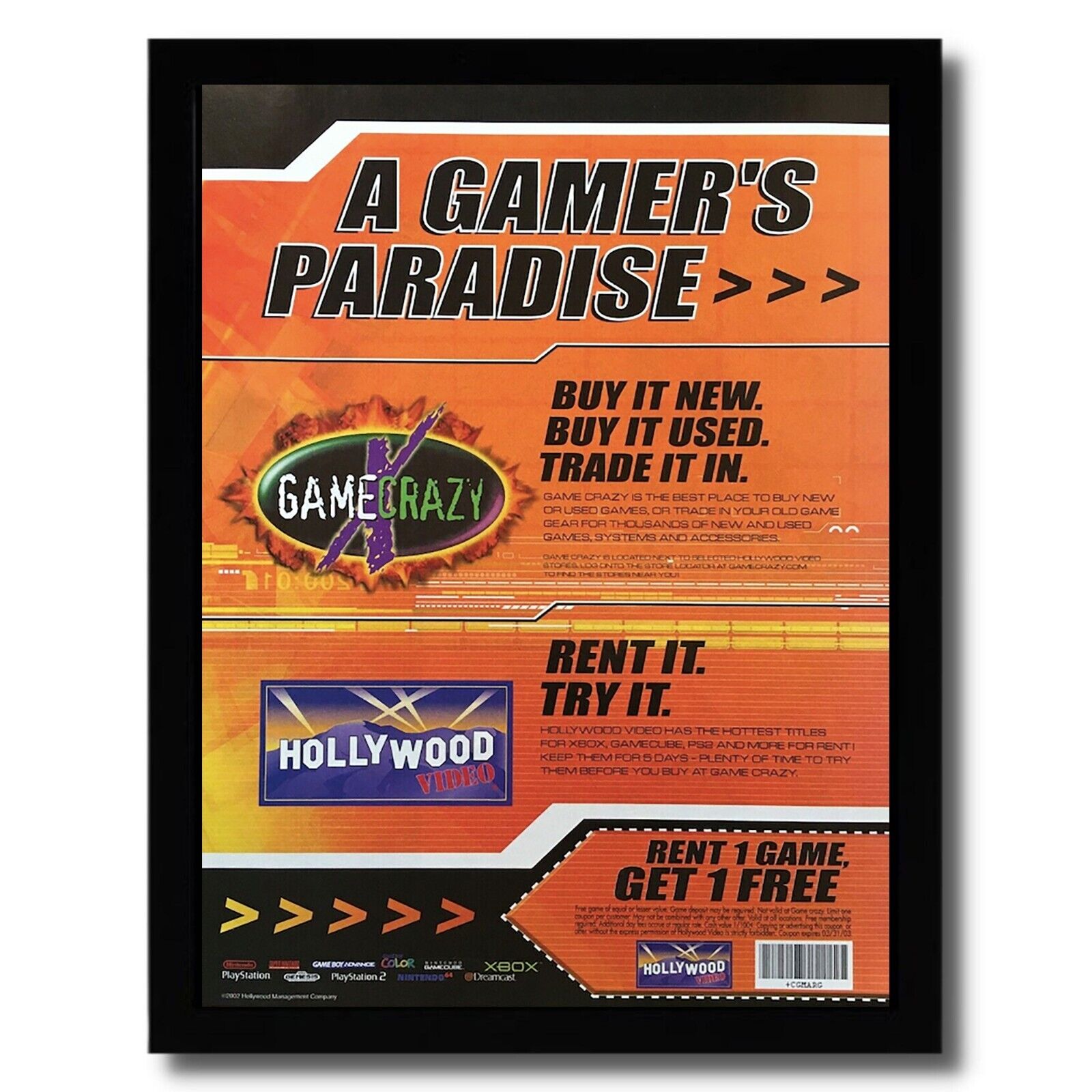 2002 GAME CRAZY / HOLLYWOOD VIDEO Framed Print Ad/Poster Video Game Rentals Art