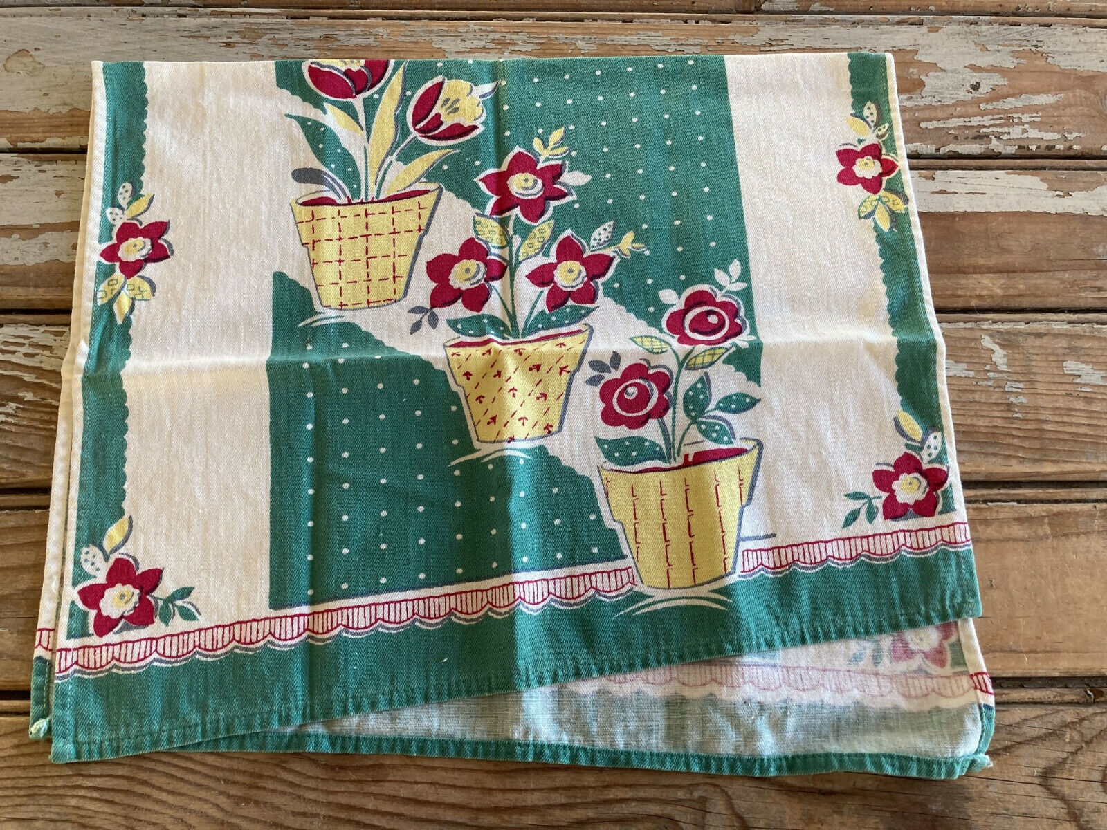Vintage Linen Cotton Kitchen Dish Towel Potted Flowers Green Screenprint 1950s