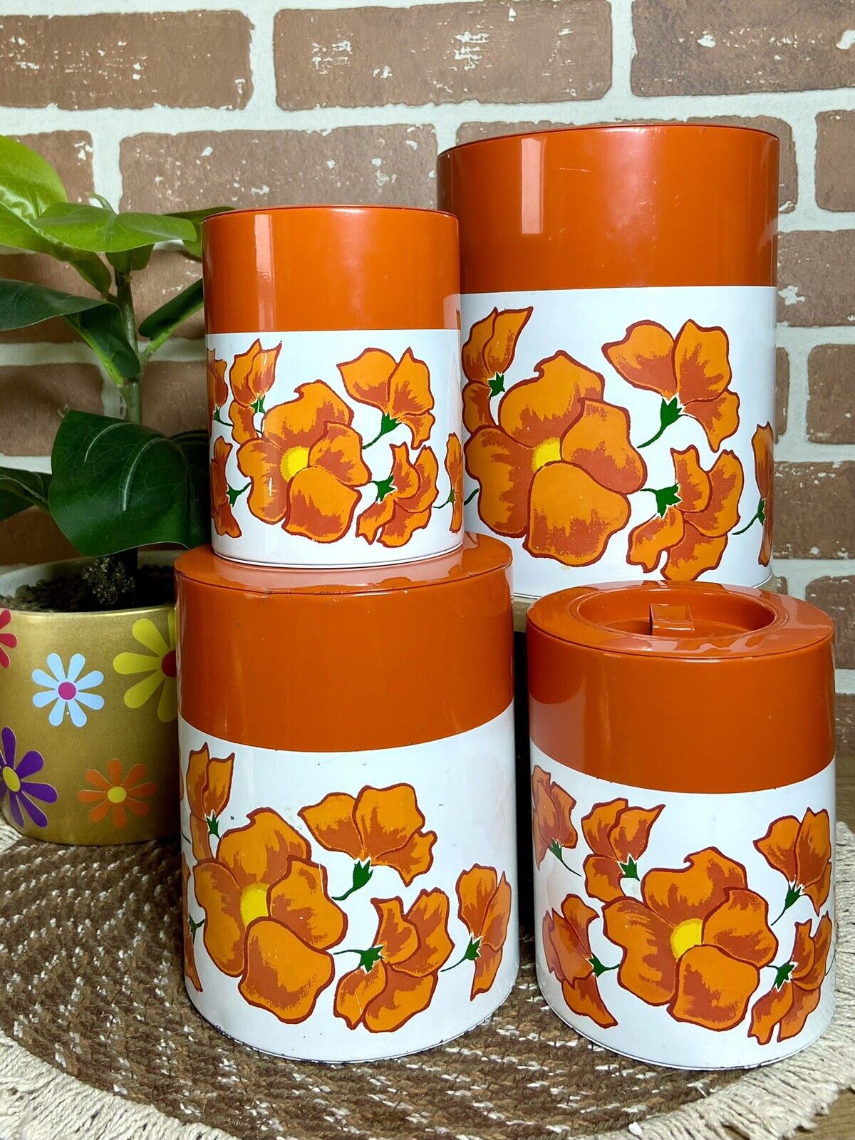 Vintage Retro Tin Nesting Kitchen Canisters Set 4 Orange Poppy Flowers MCM