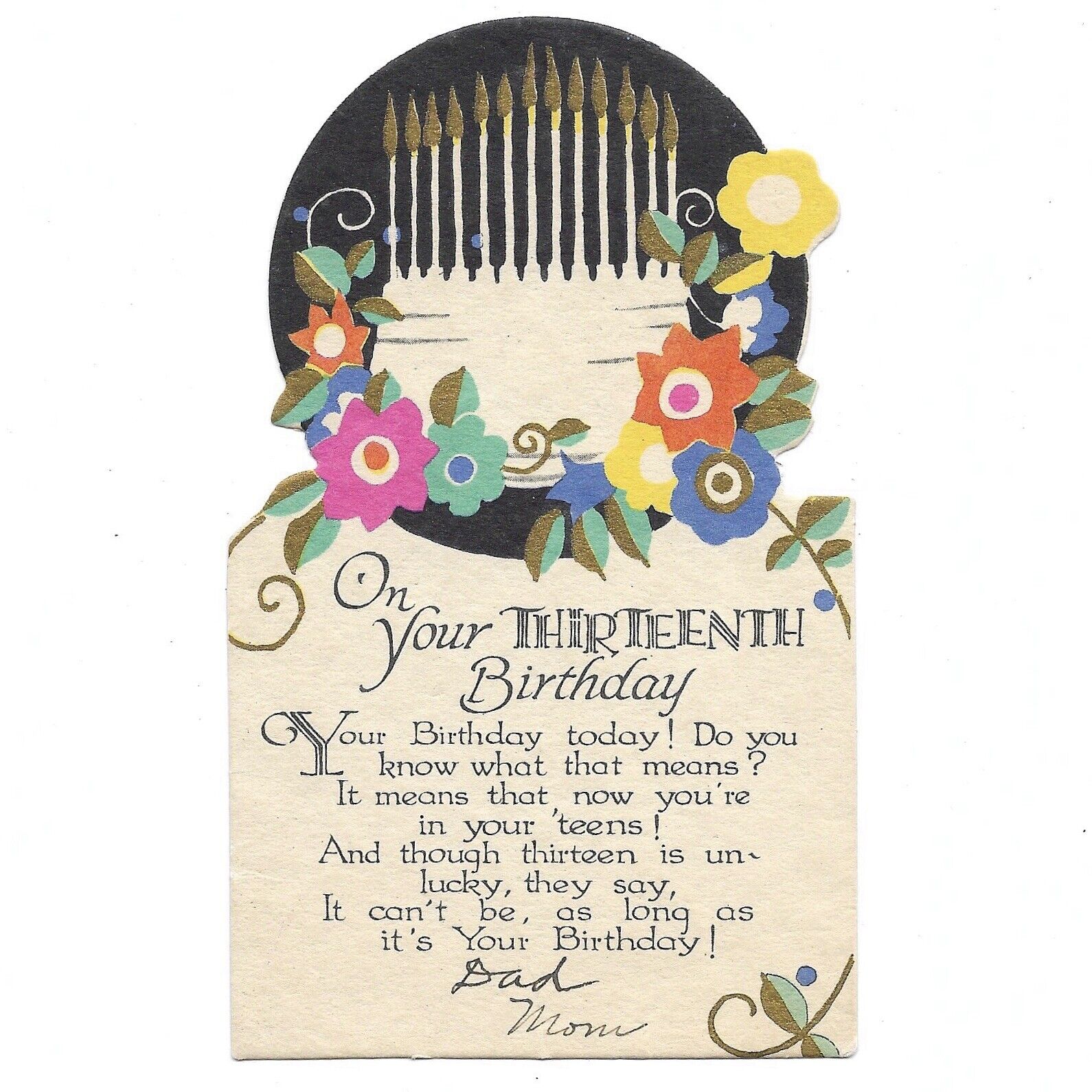 Vintage Happy 13th Birthday Greeting Card C1929 Art Deco Retro Cake Flowers