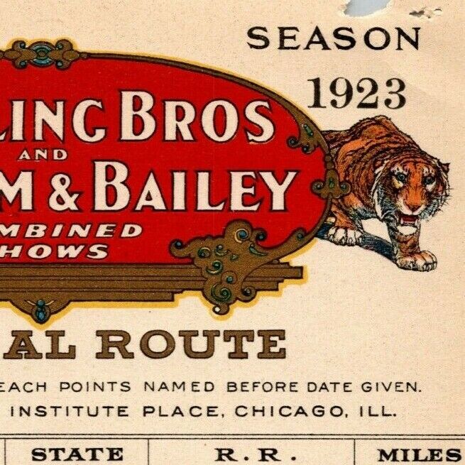Scarce 1923 Ringling Bros. B&B Circus Route Card Calif Utah Nebraska Missouri