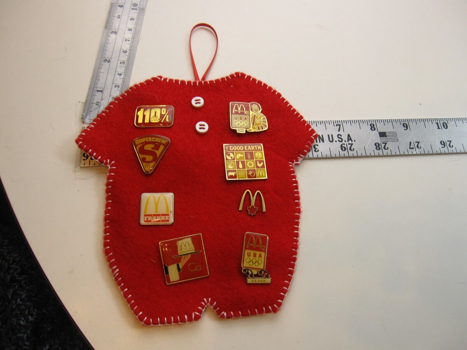 8 Vintage International McDonalds Pins on a Mini Felt Jumper BIS
