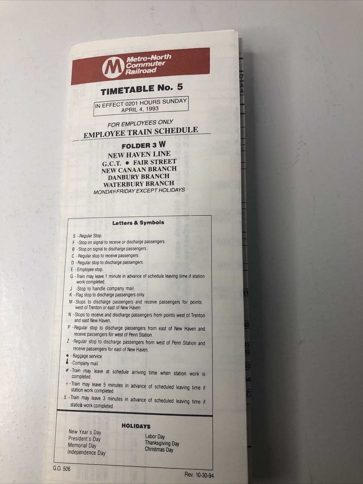 APRIL 4, 1993 METRO NORTH COMMUTER EMPLOYEE TIMETABLE #5   #4